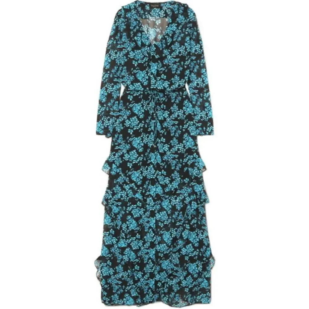 Saloni Izzie Dress Maxi Silk Chiffon Floral Print Semi Sheer Long Sleeve Size 2